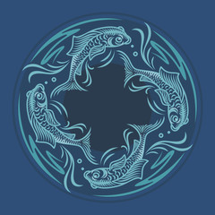 Four fish on a blue background, Koi Fish, Carp in a circular composition, illustration, vector