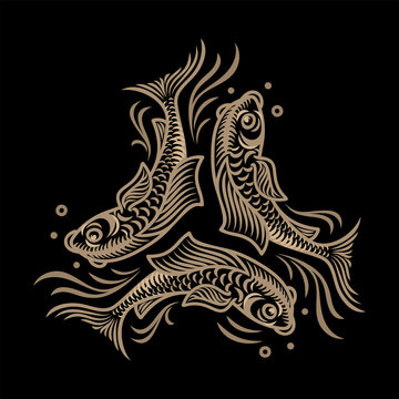 Three Golden fish on a black background, Koi Fish, Carp, illustration, vector