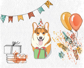 birthday card with corgi that congratulates you, vector