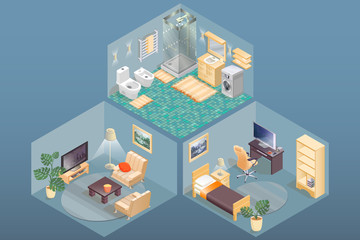 Naklejka premium Room items and furniture isometric icons. Vector interior design.