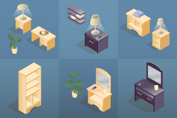 Bedside, shelf, mirror, flowerpot and lamp isometric icon.