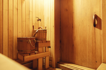 Interior of Finnish sauna, classic wooden sauna, Relax in hot sauna