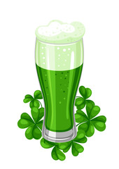 Saint Patricks Day illustration. Ale or beer in glass with clover.