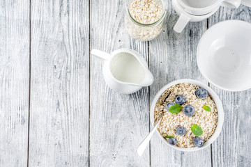 Healthy cereal and milk breakfast concept