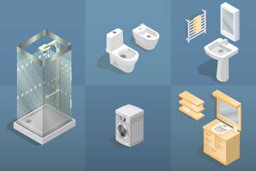 Bathroom items and furniture isometric icon set.