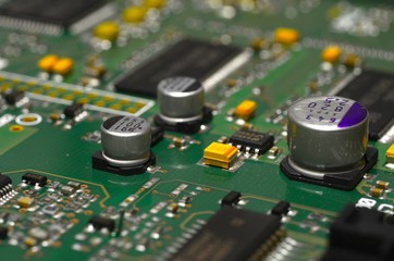 detail of components and chip on electronic circuit board