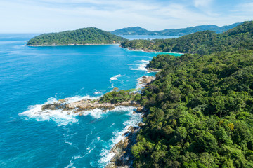 Naklejka na ściany i meble Aerial drone bird's eye view photo of tropical sea with Beautiful island