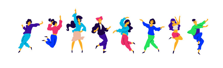 Fototapeta na wymiar A group of young happy girls and guys are dancing. Illustrations of males and females. Flat style. A group of happy teenagers are dancing and having fun. Shapes are isolated on a white background.