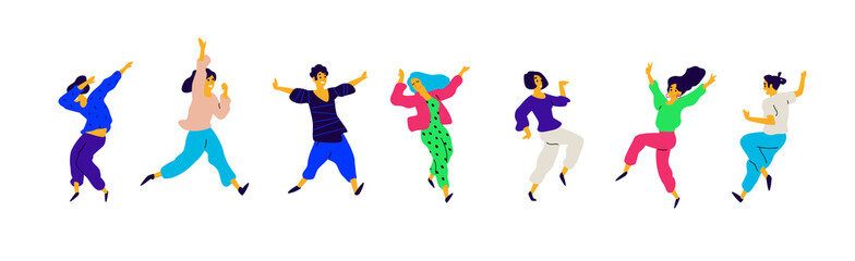 A group of dancing people in different poses and emotions. Illustrations of men and women. Flat style. A group of happy teenagers are dancing and having fun. Dance is life. Studio or dance school.