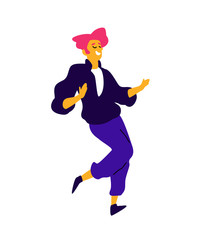 Cheerful red-haired guy in a black shirt. Illustration of a dancing young man. Character for the dance studio. Flat style. Company logo. Positive happy person.