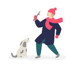 Illustration of a girl playing with a domestic dog on the street. Flat style. The girl and her pet. Image is isolated on a white background.