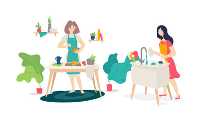 Fototapeta premium Illustration of girls in the kitchen. Flat style. Wife prepares at home. Online cooking courses. Housewife washes the dishes. Women's homework.