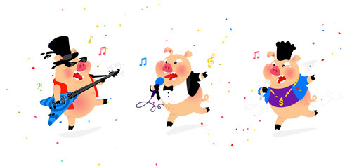 Obraz na płótnie Canvas Illustration of three cheerful pigs musicians. Flat style. Pig rock musician, pig pop singer. Candy and holiday. Characters for karaoke and shop. Leading corparatives.
