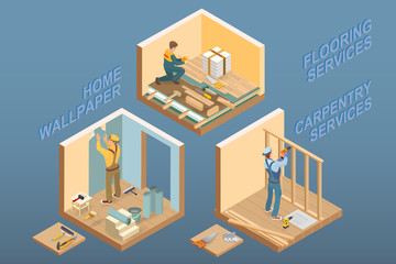 Isometric interior repairs concept. Vector flat 3d illustration.