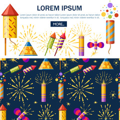Collection of firecracker. Pyrotechnic colorful icon set. Firework for New Year celebration. Flat vector illustration on white and dark blue background