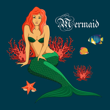 Vector image of a mermaid on a blue background.