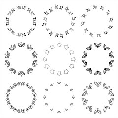 Vector set of beautiful floral abstract round frames. Borders, line-art. Decoration elements with leaves, berries and stars. 