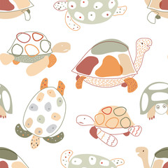 Baby seamless pattern with turtles in scandinavian style. Vector.