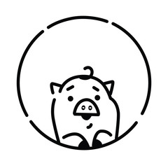 Illustration of a little pig. Vector. Linear style. Pig in a circle. Logo, mascot for the company. Piglet baby.