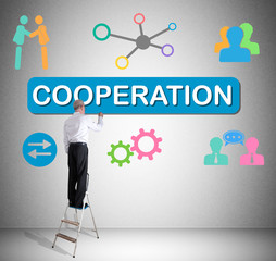 Cooperation concept drawn by a man on a ladder