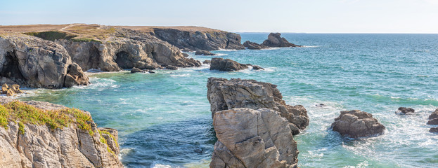 French landscape - Bretagne. Panoramic view of the wild coast of Brittany with rocks and waves.