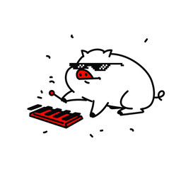 Illustration of a fat cute pig in pixel glasses. Vector. Flat style. Pig musician playing on the melophone. Character for music store and animation. Internet meme.