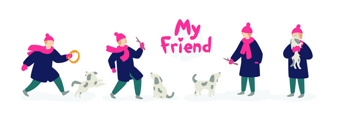 Illustration of a girl playing with a dog. Vector. Girl teenager in a coat and hat, with a homeless gray dog. Flat cartoon style. My friend's logo. Illustrations for the shelter of homeless animals.