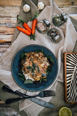 Moussaka, Oriental dish common to Turkey, Greece and the Balkans, consisting of aubergines baked.