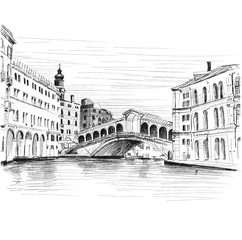 Vector illustration of Rialto bridge in Venice, Italy. Black and white drawings. Famous attraction. Sights in Europe. Italy beauites
