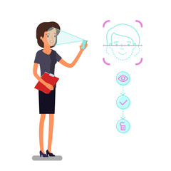 Concept of Face identification. Cartoon business woman holds smartphone in his hand for getting access to device via face recognition technology.