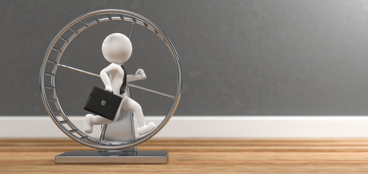 3D Illustration wei&szlig;es M&auml;nnchen mit Hamsterrad auf Holzboden