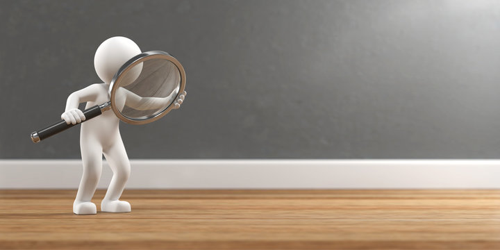 3D Illustration wei&szlig;es M&auml;nnchen mit Lupe Suche