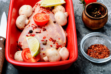 Raw chicken in baking dish
