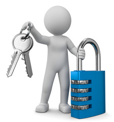 3D Illustration weißes Männchen mit Vorhängeschloss