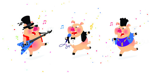 Illustration of three cheerful pigs musicians. Vector. Flat style. Pig rock musician, pig pop singer. Candy and holiday. Characters for karaoke and shop. Leading corparatives.