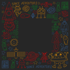 Vector set of space elements iicons in doodle style. Painted, colorful, pictures on a piece of paper on blackboard.