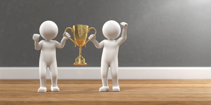 3D Illustration zwei wei&szlig;e M&auml;nnchen mit Pokal