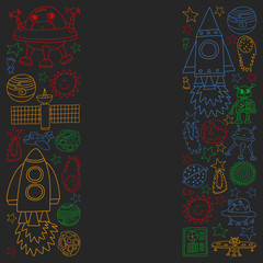 Vector set of space elements iicons in doodle style. Painted, colorful, pictures on a piece of paper on blackboard.