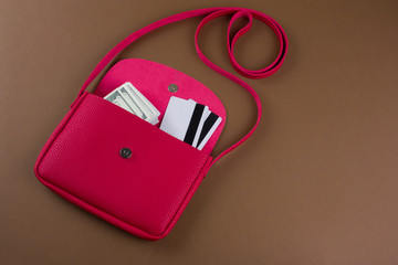 top view red leather stylish bag with dollar bills and credit cards flat lay on a brown background copy space