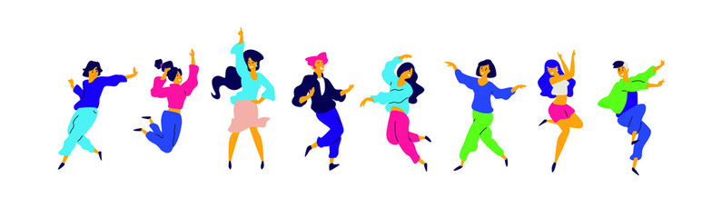 A group of young happy girls and guys are dancing. Vector. Illustrations of males and females. Flat style. A group of happy teenagers are dancing and having fun. Shapes are isolated on a white backgro