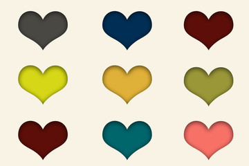 Nine multicolored hearts in white background, paper cut