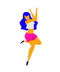 Cheerful dancing girl in shorts and tank top. Vector. Illustration of a laughing young woman. Character for the dance studio. Flat style. Positive sexy female. Character in the disco.