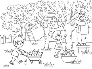Kids cartoon on the theme of harvest vector. Coloring and black and white coloring.