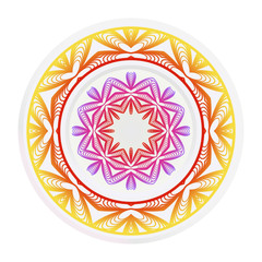 Set of 2 matching decorative plates for interior design. Empty dish, porcelain plate mock up design. Vector illustration. Decorative plates with Mandala ornament patterns. Home decor background.