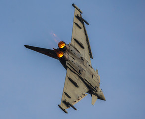 Eurofighter Typhoon British air forces during aerobatic training before aviation shows in Radom