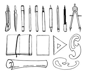 Drawing tools. Set of hand drawn sketch vector artist materials. Black and white stylized illustration isolated on white background. Pens, notebooks, rulers, compass