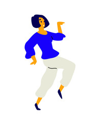 Fototapeta na wymiar Cheerful dancing girl. Vector. Illustration of a laughing young woman. Character for the dance studio. Flat style. Positive sexy female. Character in the disco. Egyptian dance.