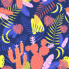 Tropical seamless pattern with leaves and cactuses.