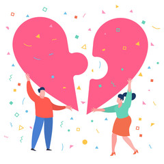 Man and woman hold big red heart. Valenine day. Love and relationship.