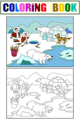 North Pole vector. Educational game for kids educational game. Arctic animals Color and black and white coloring.